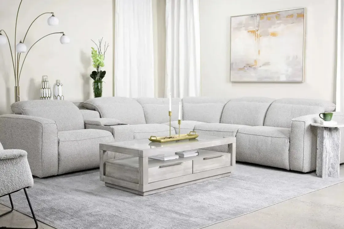 Mor Furniture Amara 6 Piece 2 Power Sectional W/ 2 Power Armless Recliner In Tasmin Granite
