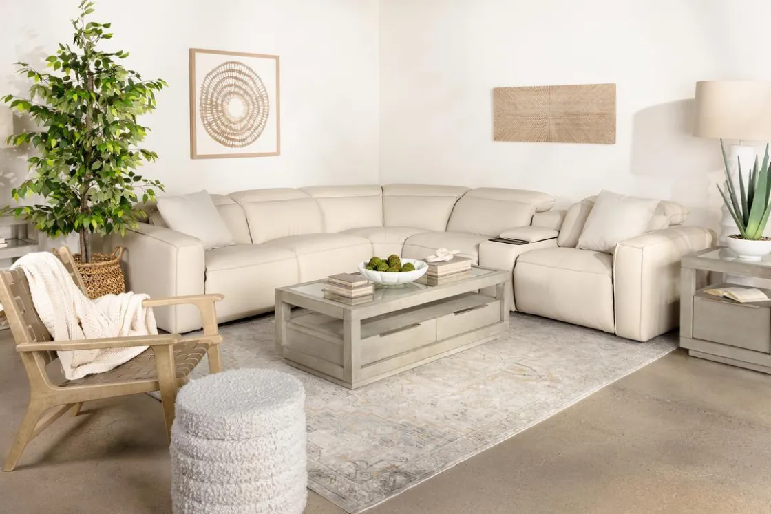 Mor Furniture Amara 6 Piece 2 Power Sectional W/ 2 Power Armless Recliner In Tasmin Granite