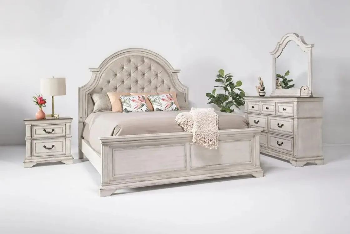 Mor Furniture Anastasia Upholstered Panel Bed, Dresser, Mirror & Nightstand, Queen