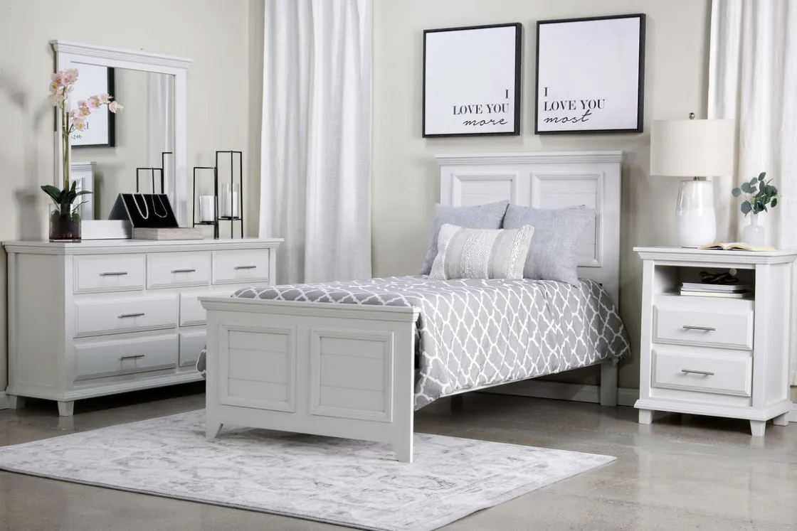 Mor Furniture Bella Panel Bed, Dresser, Mirror & Nightstand In White, Twin