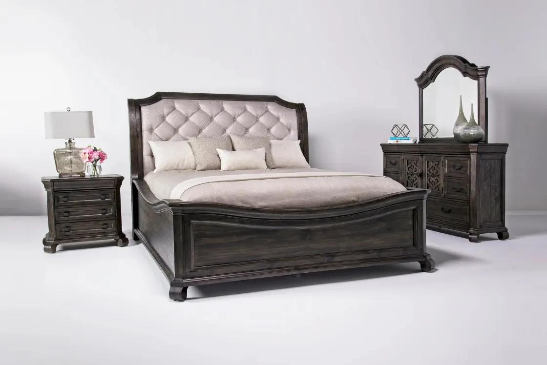 Mor Furniture Bellamy Sleigh Bed, Dresser, Mirror & 4 Drawer Nightstand In , Queen