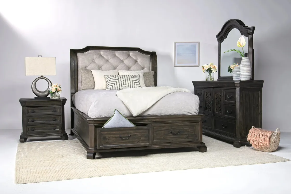 Mor Furniture Bellamy Sleigh Bed, Dresser, Mirror & 4 Drawer Nightstand In , Queen