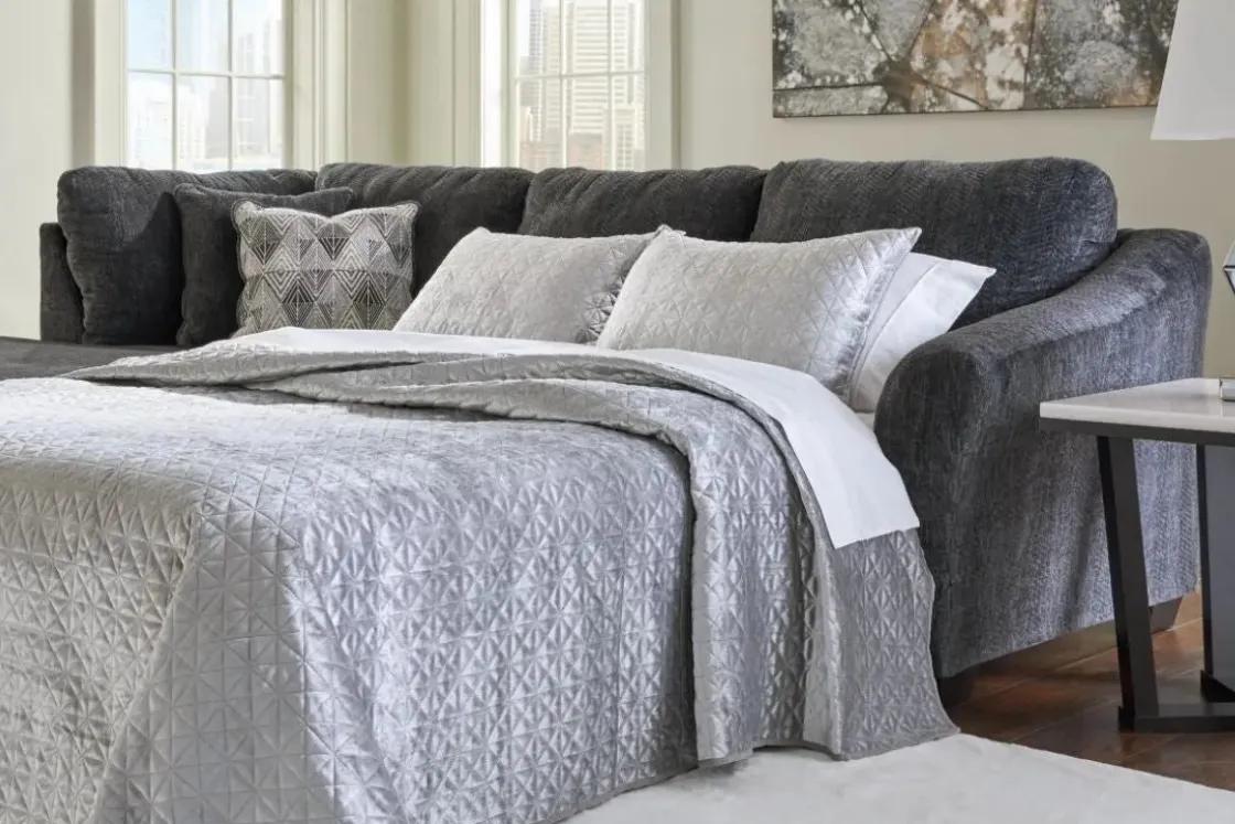 Mor Furniture Biddeford Full Pullout Sofa Chaise In Shadow, Left Facing