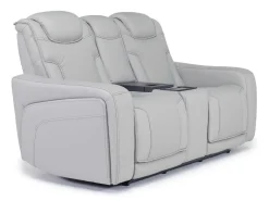 Mor Furniture Bowden 2 Power Console Loveseat W/ Cooler In Blanca Light Gray Leather