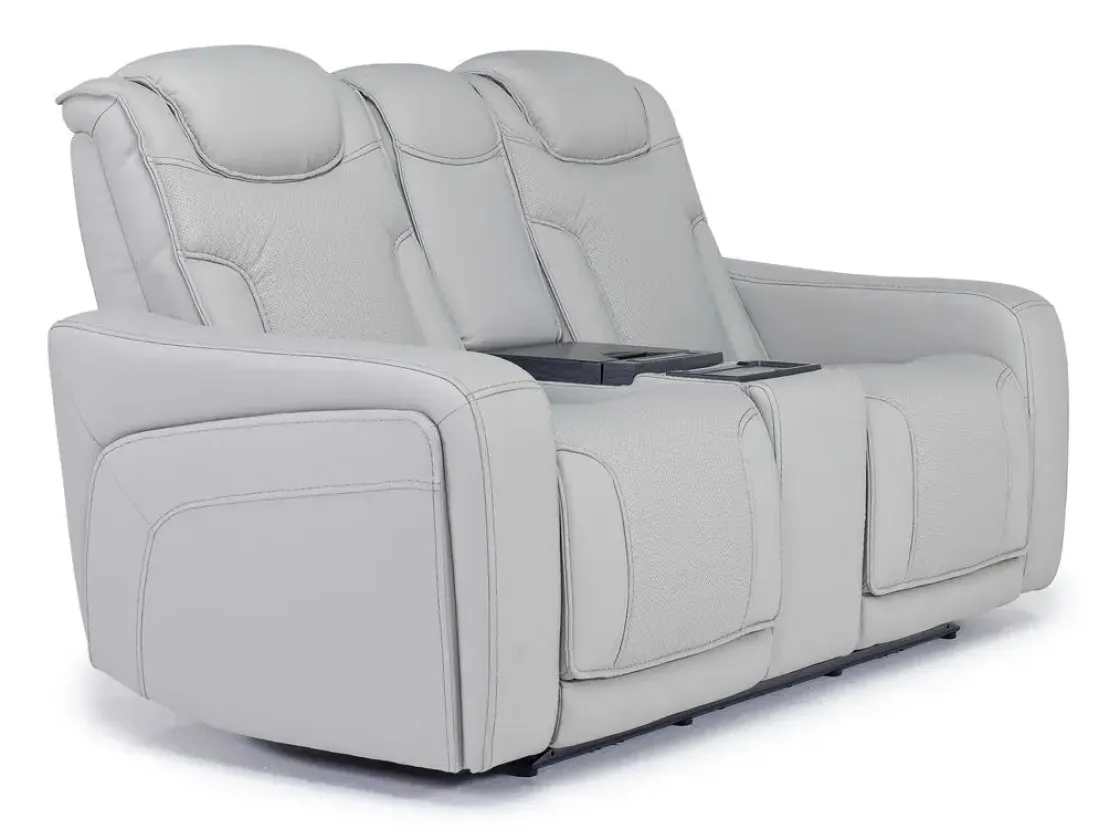 Mor Furniture Bowden 2 Power Console Loveseat W/ Cooler In Blanca Light Gray Leather