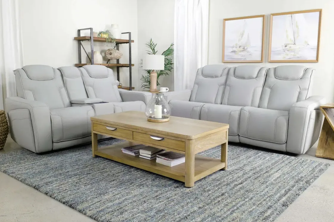 Mor Furniture Bowden 2 Power Console Loveseat W/ Cooler In Blanca Light Gray Leather