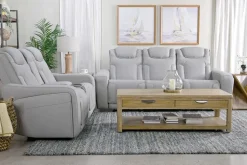 Mor Furniture Bowden 2 Power Console Loveseat W/ Cooler In Blanca Light Gray Leather