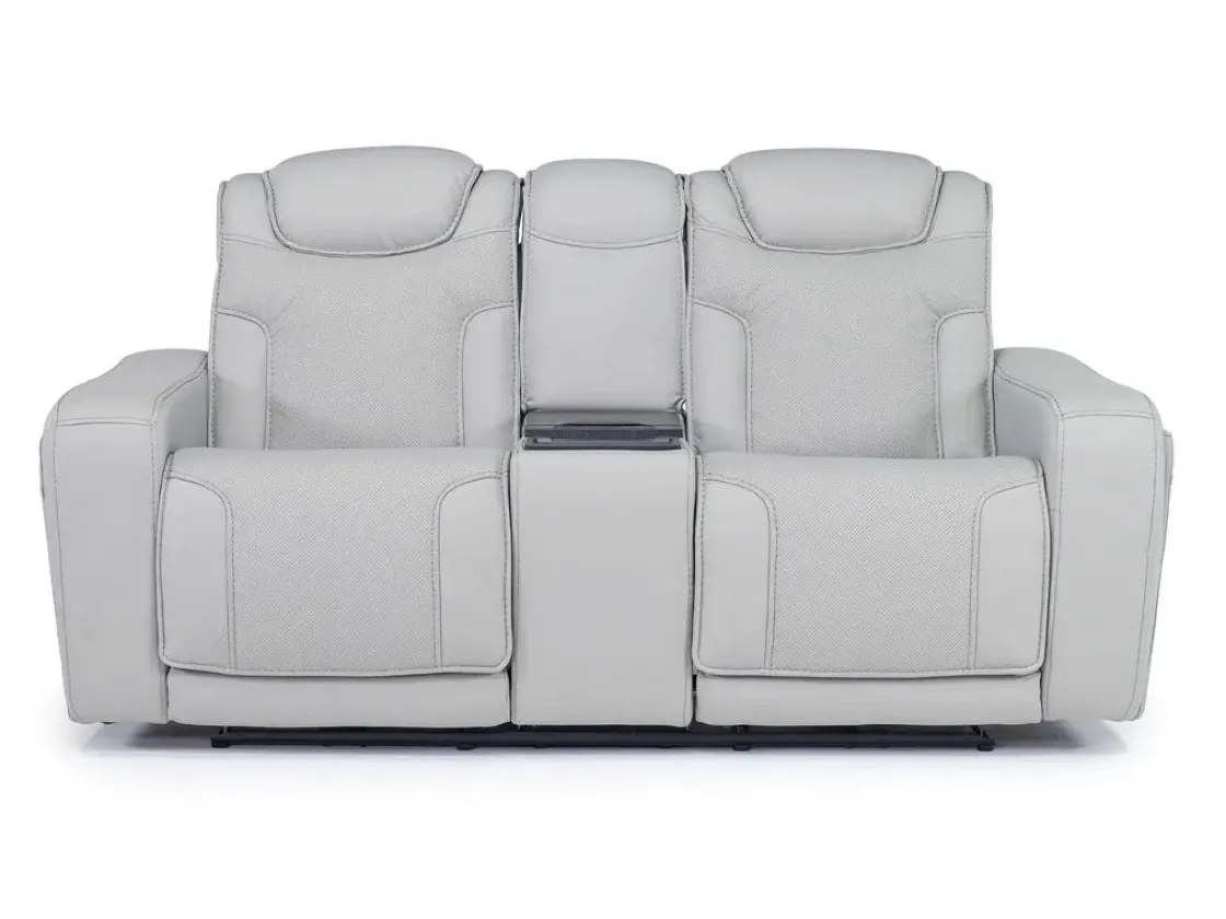 Mor Furniture Bowden 2 Power Console Loveseat W/ Cooler In Blanca Light Gray Leather