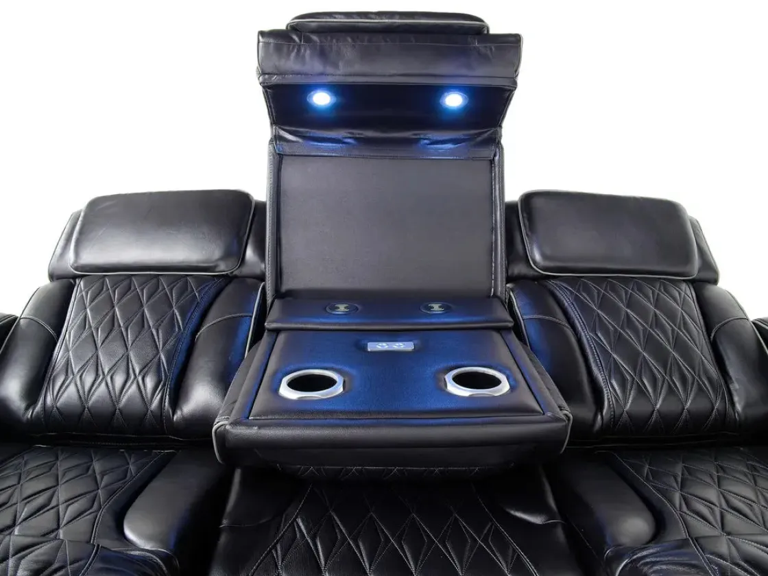 Mor Furniture Boyington 2 Power Sofa W/ Drop Down Table In Black Leather