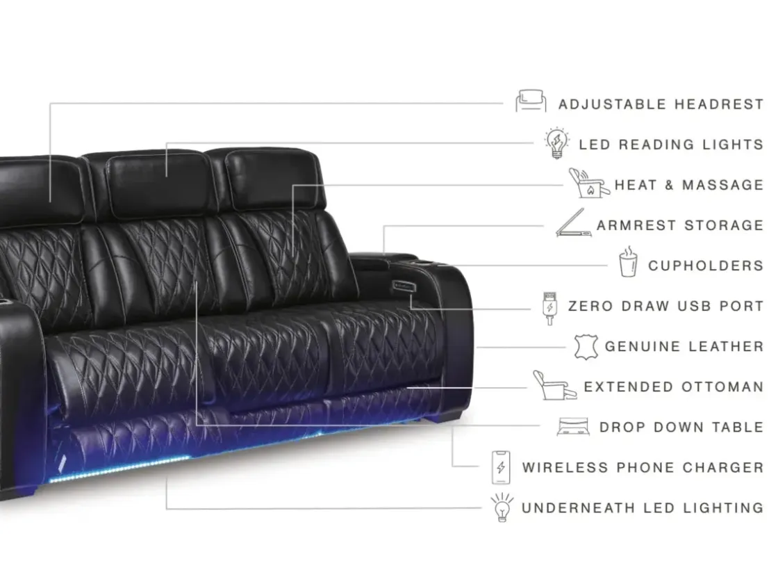 Mor Furniture Boyington 2 Power Sofa W/ Drop Down Table In Black Leather