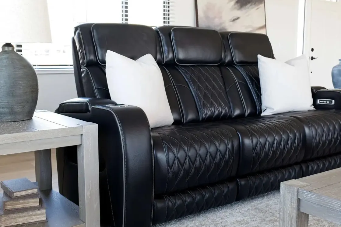 Mor Furniture Boyington 2 Power Sofa W/ Drop Down Table In Black Leather
