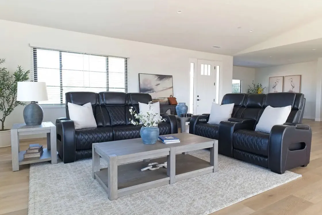Mor Furniture Boyington 2 Power Sofa W/ Drop Down Table In Black Leather