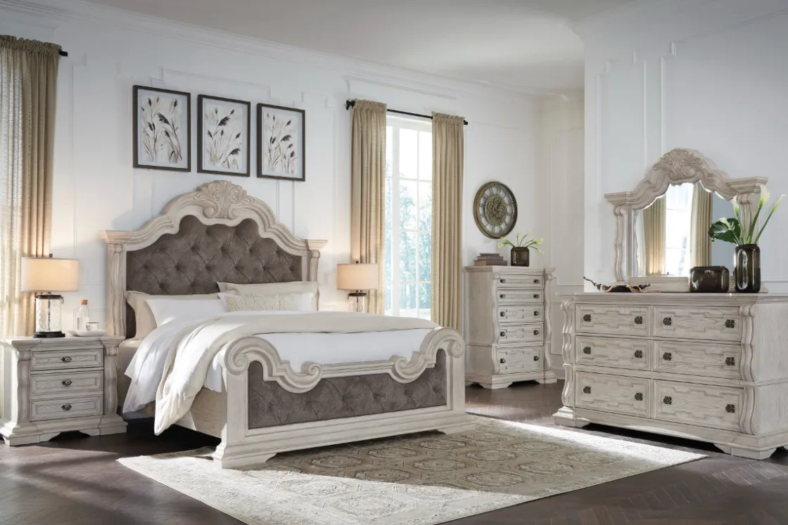 Mor Furniture Bruchandi Upholstered Panel Bed, Dresser, Mirror & Nightstand In Antique White, Queen