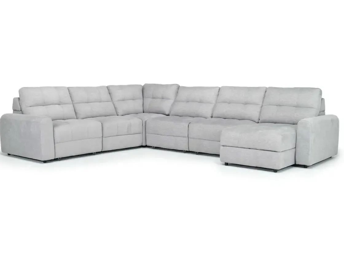 Mor Furniture Bryce 6 Piece Power Sliding Sectional W/ Storage Chaise & Armless Slider In Savannah Coin, Left Facing