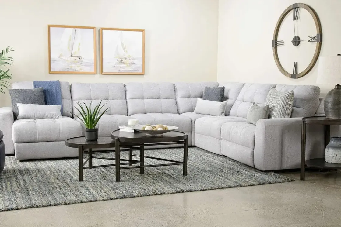 Mor Furniture Bryce 6 Piece Power Sliding Sectional W/ Storage Chaise & Armless Slider In Savannah Coin, Left Facing
