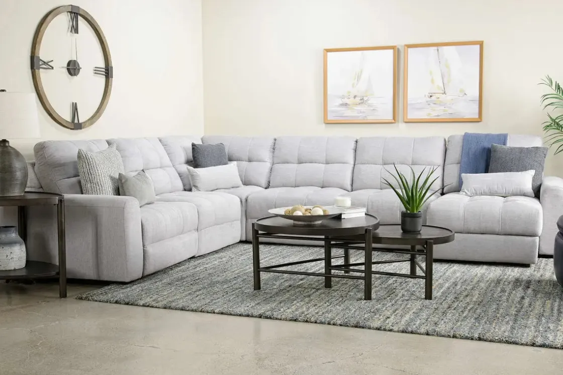 Mor Furniture Bryce 6 Piece Power Sliding Sectional W/ Storage Chaise & Armless Slider In Savannah Coin, Left Facing