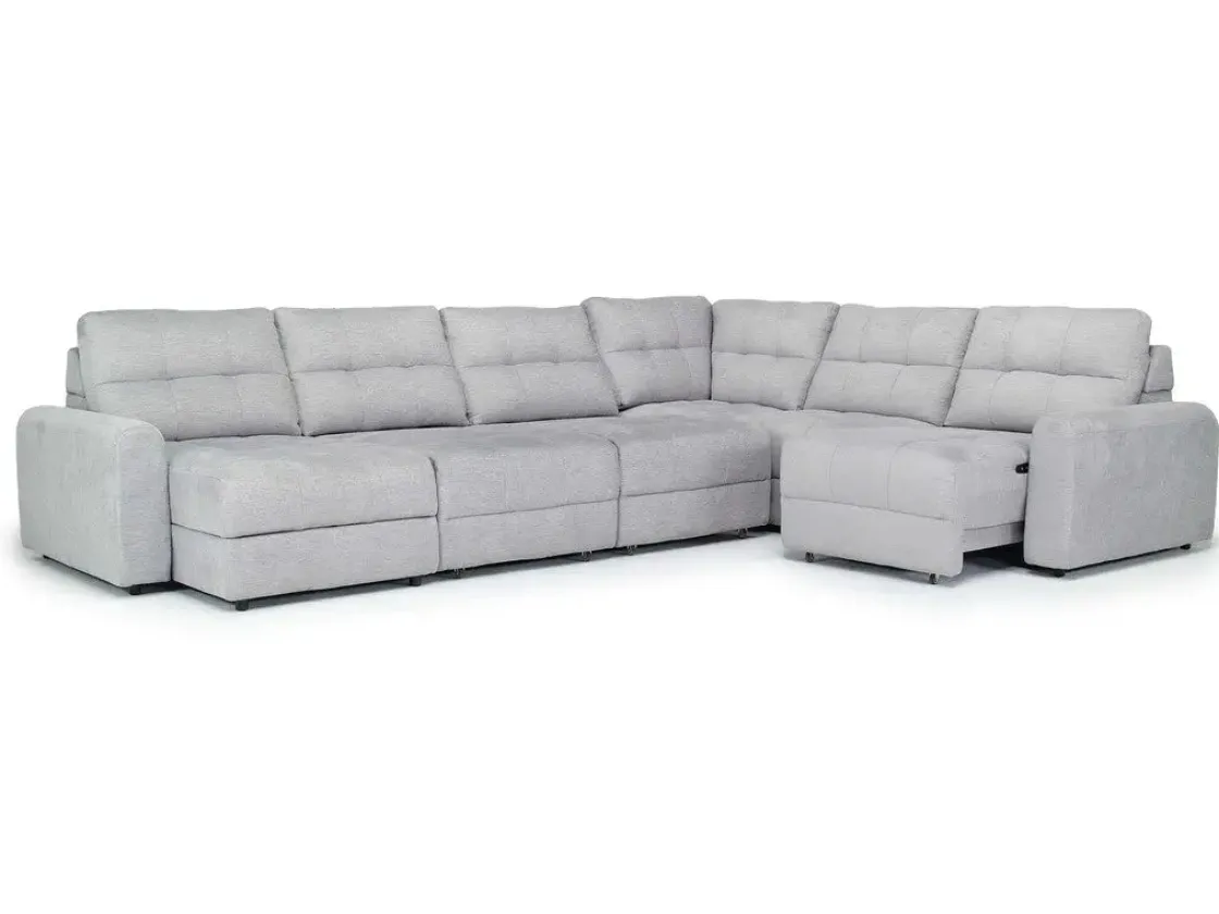 Mor Furniture Bryce 6 Piece Power Sliding Sectional W/ Storage Chaise & Armless Slider In Savannah Coin, Left Facing