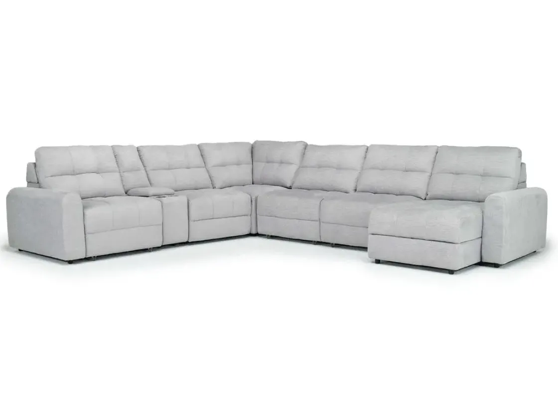 Mor Furniture Bryce 7 Piece Power Sliding Sectional W/ Storage Chaise & Armless Slider In Savannah Coin, Left Facing