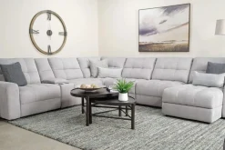 Mor Furniture Bryce 7 Piece Power Sliding Sectional W/ Storage Chaise & Armless Slider In Savannah Coin, Left Facing