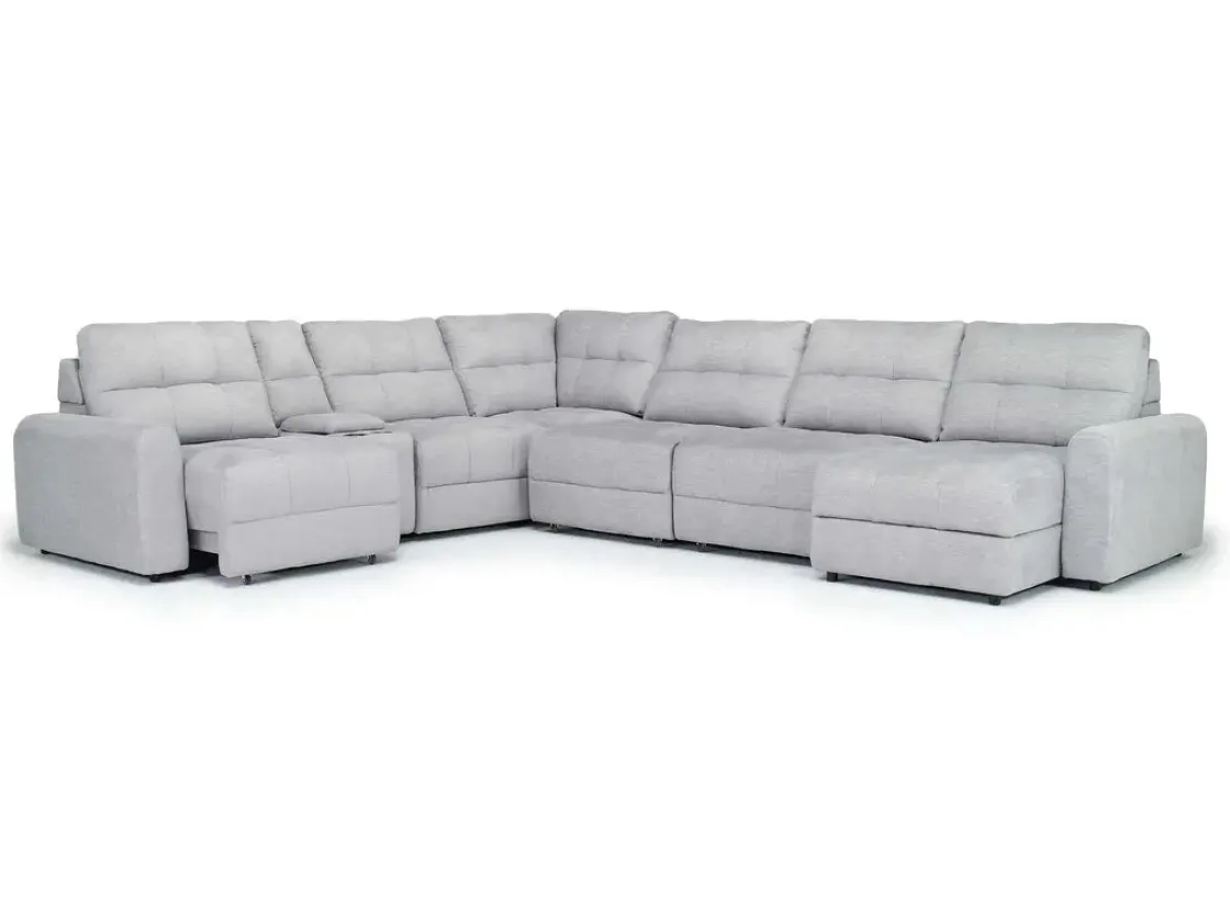Mor Furniture Bryce 7 Piece Power Sliding Sectional W/ Storage Chaise & Armless Slider In Savannah Coin, Left Facing