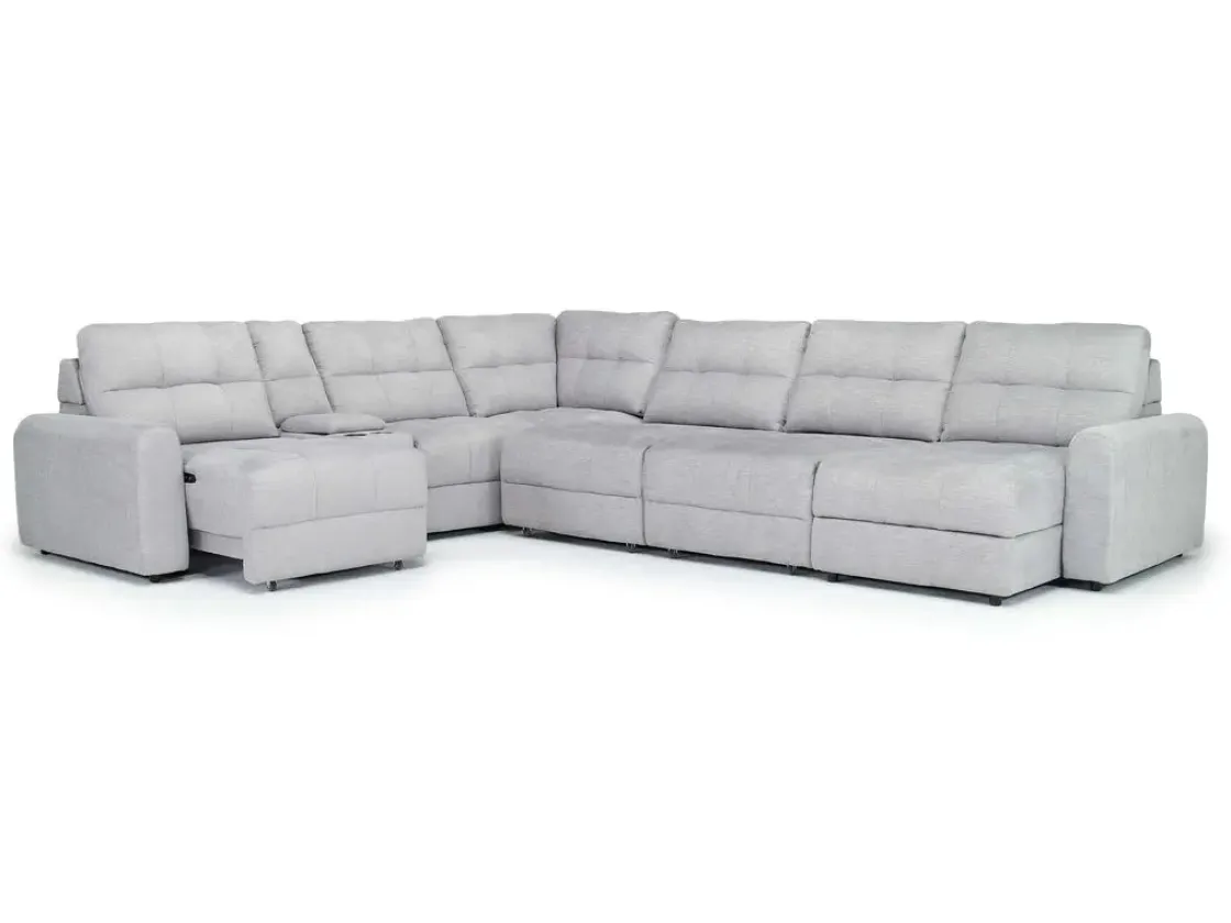 Mor Furniture Bryce 7 Piece Power Sliding Sectional W/ Storage Chaise & Armless Slider In Savannah Coin, Left Facing