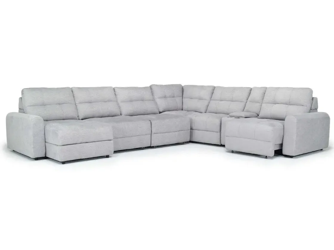 Mor Furniture Bryce 7 Piece Power Sliding Sectional W/ Storage Chaise & Armless Slider In Savannah Coin, Left Facing