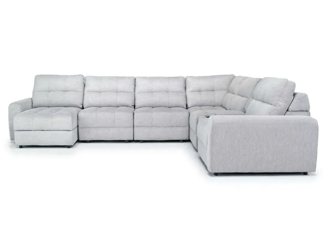 Mor Furniture Bryce 7 Piece Power Sliding Sectional W/ Storage Chaise & Armless Slider In Savannah Coin, Left Facing