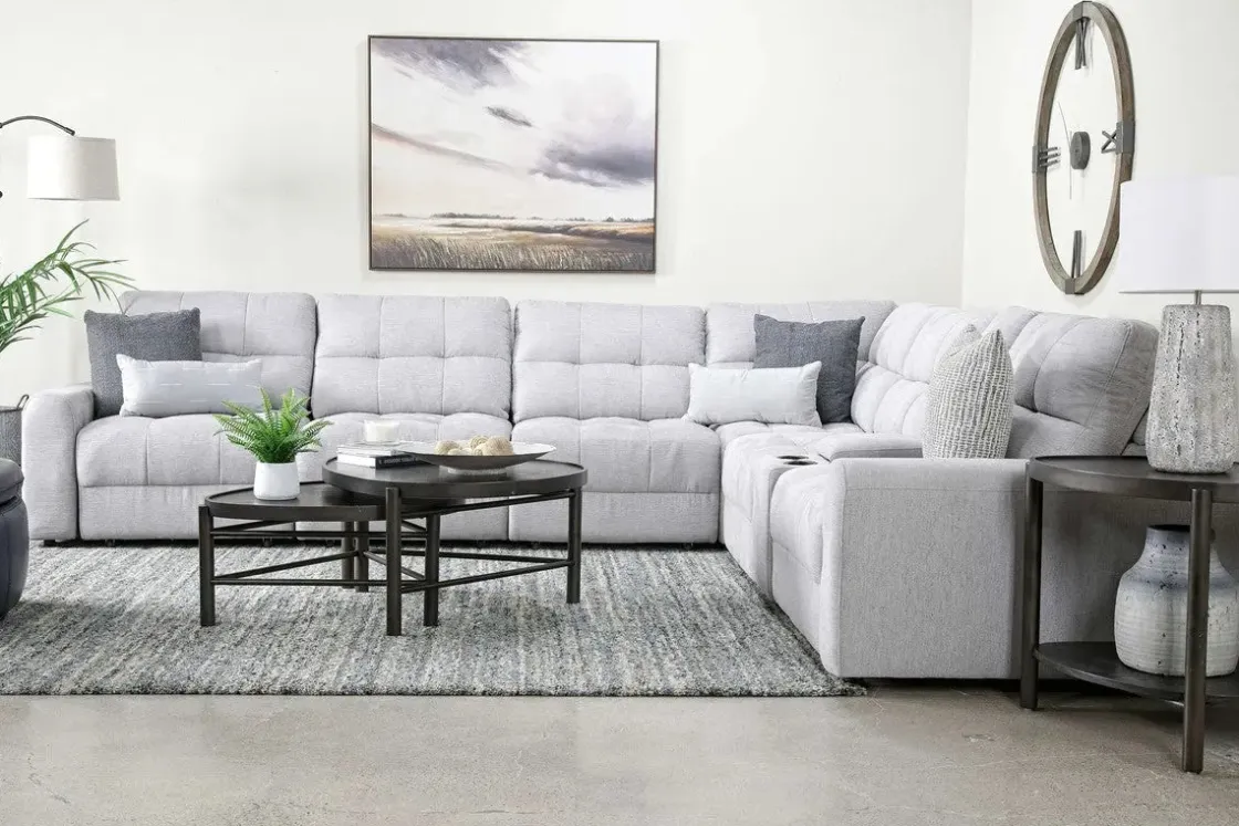 Mor Furniture Bryce 7 Piece Power Sliding Sectional W/ Power Armless Slider In Savannah Coin
