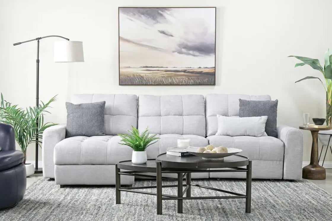 Mor Furniture Bryce Power Slider Sofa Storage Chaise In Savannah Coin, Left Facing