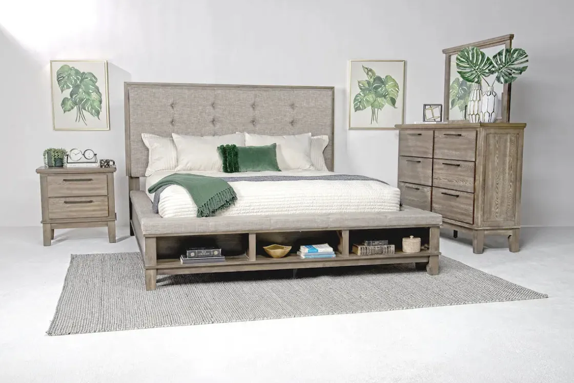 Mor Furniture Cagney Upholstered Panel Bed W/ Storage, Dresser, Mirror & Nightstand In Gray, Queen