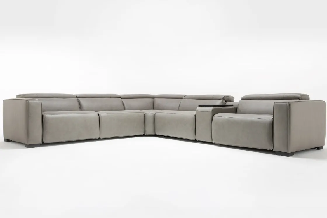 Mor Furniture Cam 6 Piece 2 Power Theater Sectional W/ 2 Power Armless Recliner & Immersive Sound In Ajax Smoke Leather