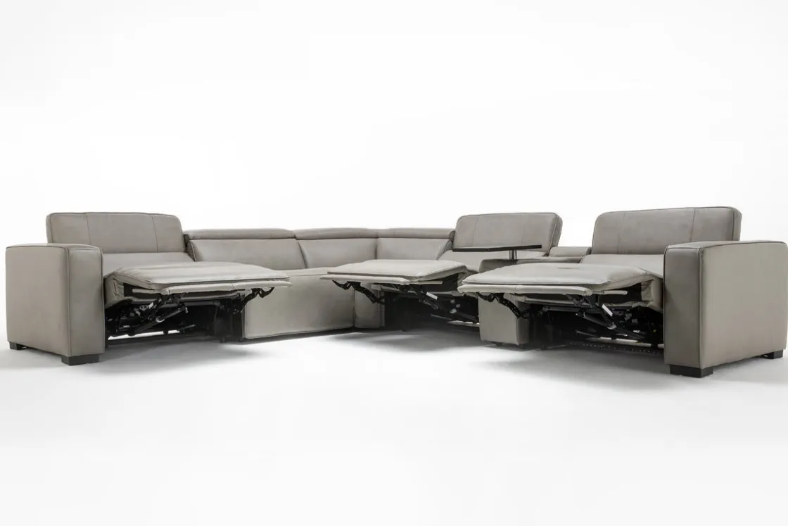 Mor Furniture Cam 6 Piece 2 Power Theater Sectional W/ 2 Power Armless Recliner & Immersive Sound In Ajax Smoke Leather