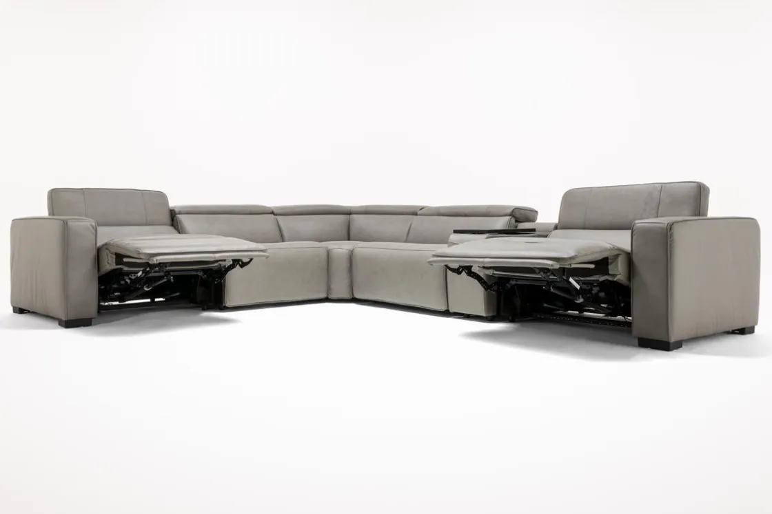 Mor Furniture Cam 6 Piece 2 Power Theater Sectional W/ Immersive Sound In Ajax Smoke Leather
