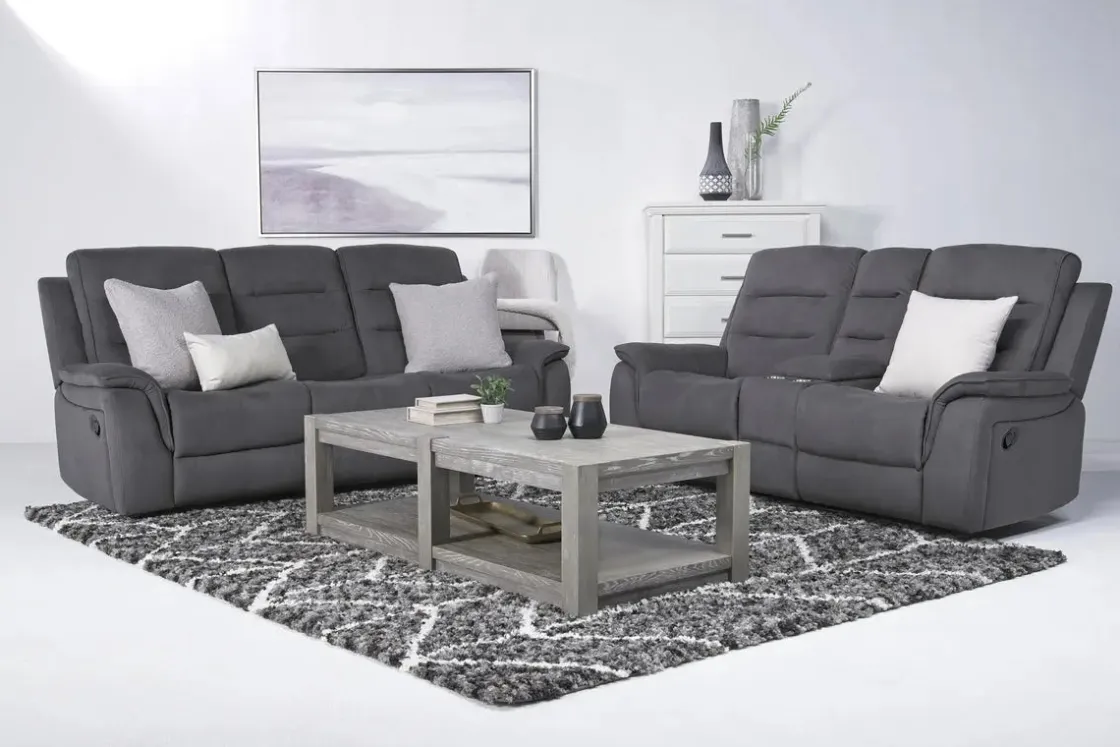 Mor Furniture Chanell Reclining Console Loveseat In New Nappa Light Gray