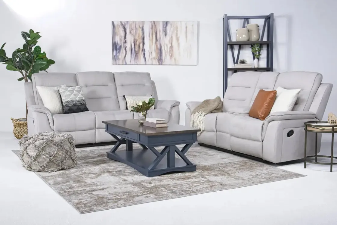 Mor Furniture Chanell Reclining Sofa & Console Loveseat In New Nappa Gray