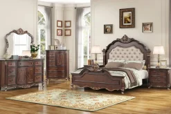 Mor Furniture Constantine Upholstered Bed, Dresser, Mirror & Nightstand In Cherry, Queen