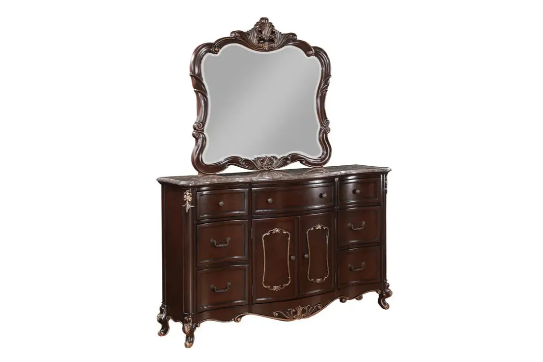 Mor Furniture Constantine Upholstered Bed, Dresser, Mirror & Nightstand In Cherry, Queen
