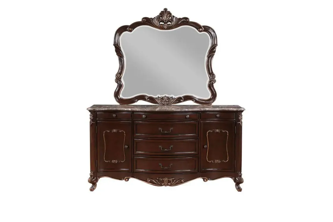 Mor Furniture Constantine Upholstered Bed, Dresser, Mirror & Nightstand In Cherry, Queen