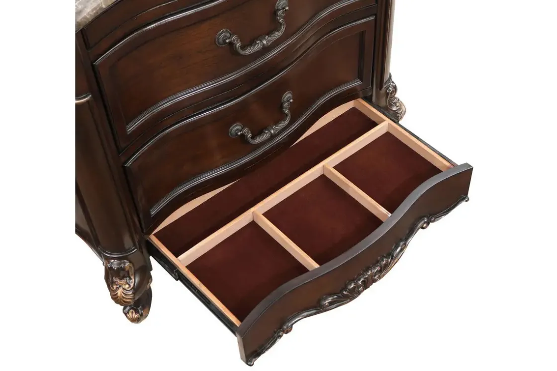 Mor Furniture Constantine Upholstered Bed, Dresser, Mirror & Nightstand In Cherry, Queen