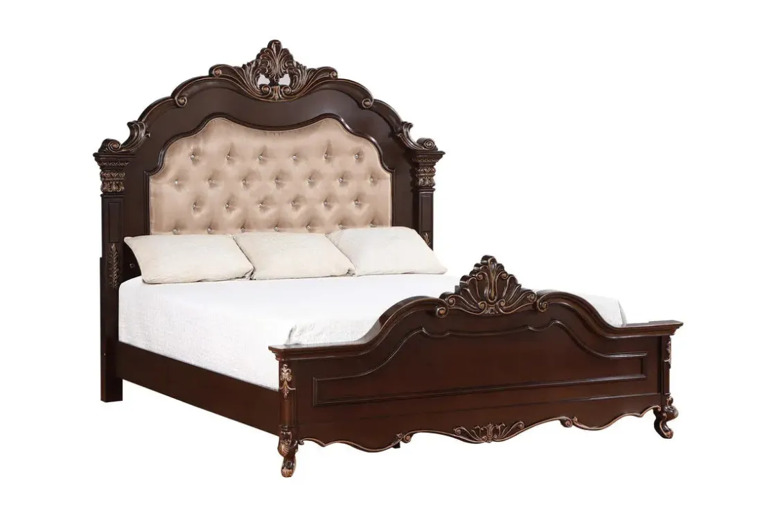 Mor Furniture Constantine Upholstered Bed, Dresser, Mirror & Nightstand In Cherry, Queen
