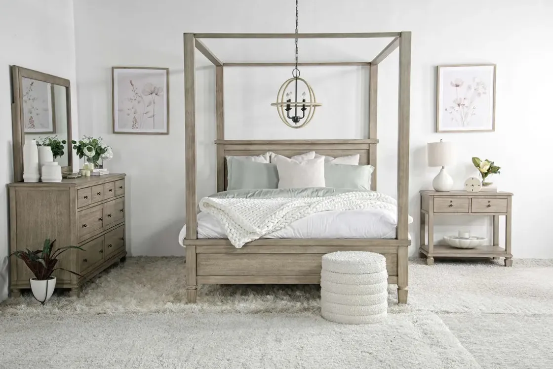 Mor Furniture Country Side Canopy Bed, Dresser, Mirror & 2 Drawer Nightstand In Brown, Queen