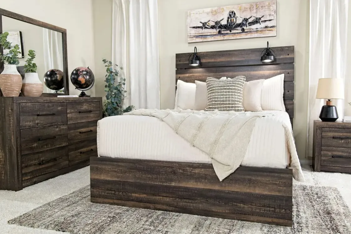 Mor Furniture Dallas Panel Bed W/ Lights, Dresser, Mirror & Nightstand In White Wash, Twin