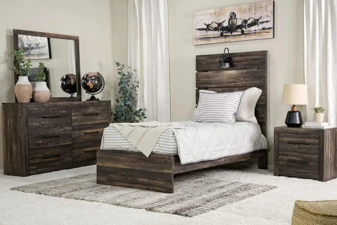 Mor Furniture Dallas Panel Bed W/ Lights, Dresser, Mirror & Nightstand In White Wash, Twin