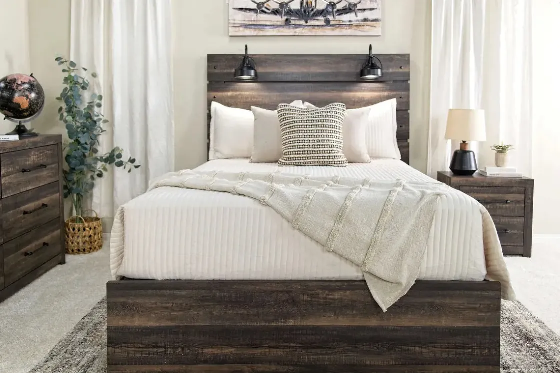 Mor Furniture Dallas Panel Bed W/ Lights, Dresser, Mirror & Nightstand In White Wash, Twin