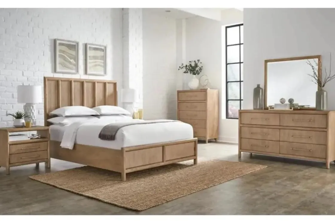 Mor Furniture Dorsey Panel Bed, Dresser, Mirror & 2 Drawer Nightstand In Granola, Queen