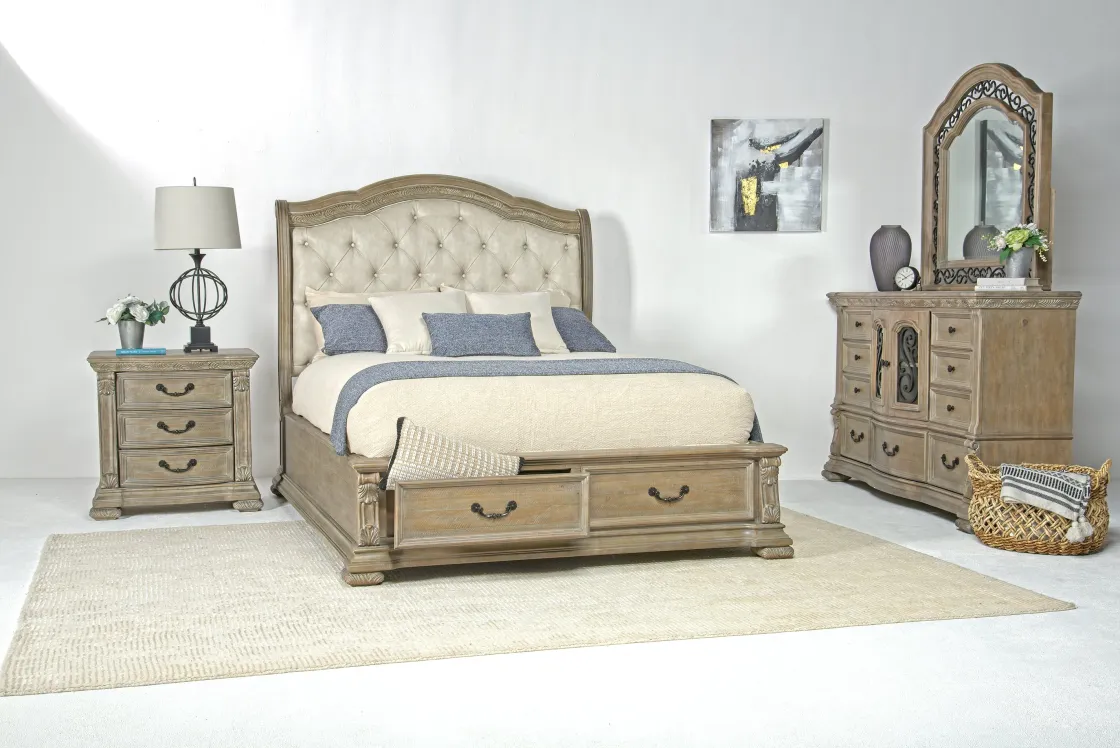 Mor Furniture Durango Sleigh Bed, Dresser, Mirror & 3 Drawer Nightstand In Fawn, Queen