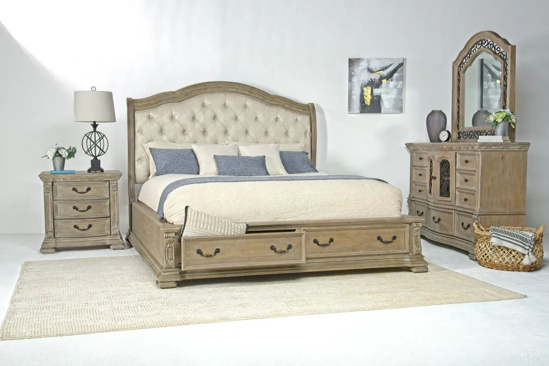Mor Furniture Durango Sleigh Bed, Dresser, Mirror & 3 Drawer Nightstand In Fawn, Queen