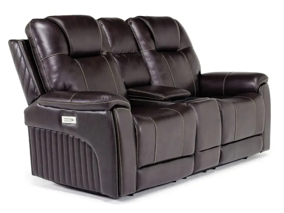 Mor Furniture Echo 3 Power Console Loveseat In Rainier Walnut Leather