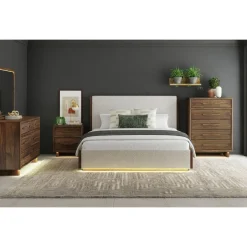 Mor Furniture Elm Upholstered Bed W/ Lights, Dresser, Mirror & Nightstand In Brown, Queen