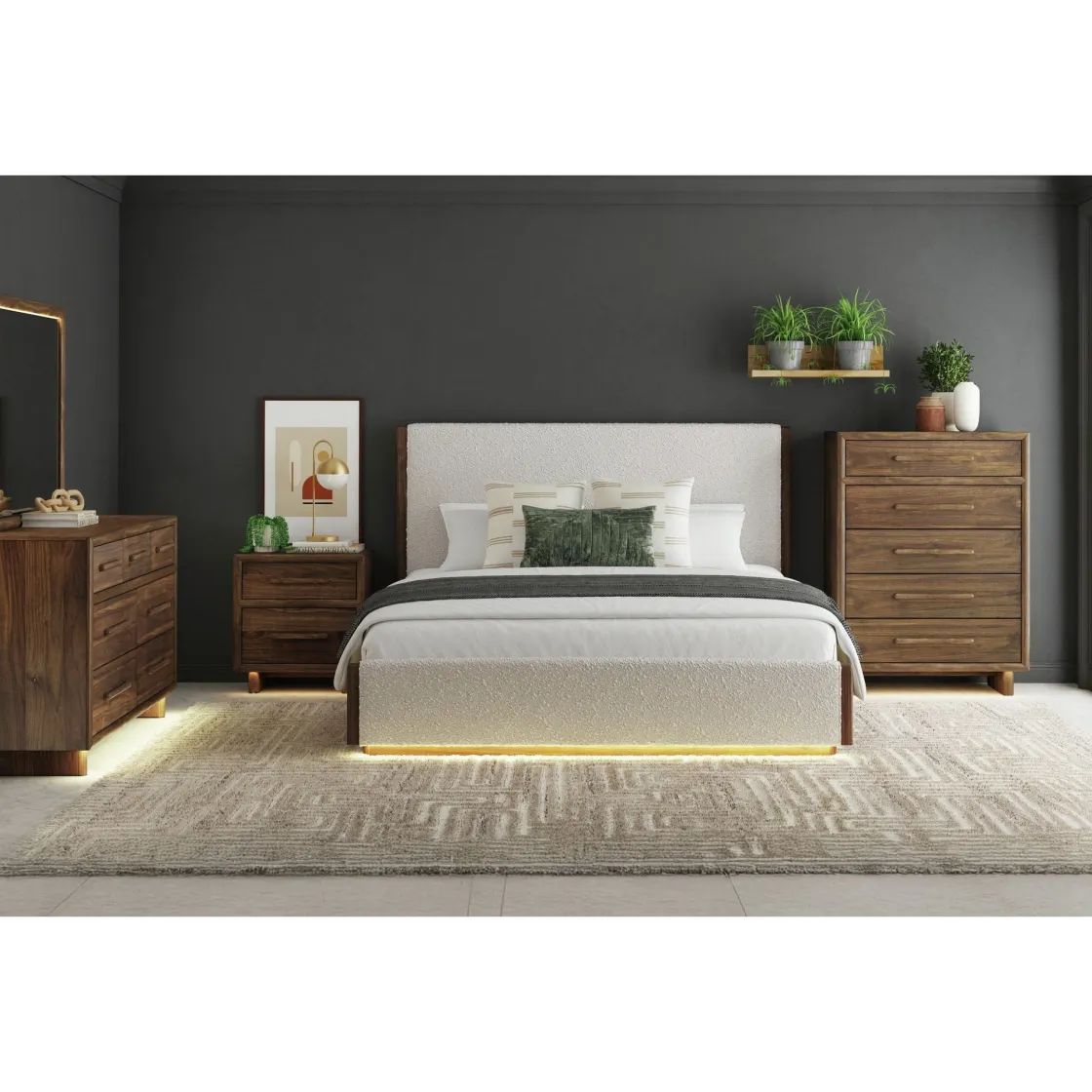 Mor Furniture Elm Upholstered Bed W/ Lights In Brown, Queen
